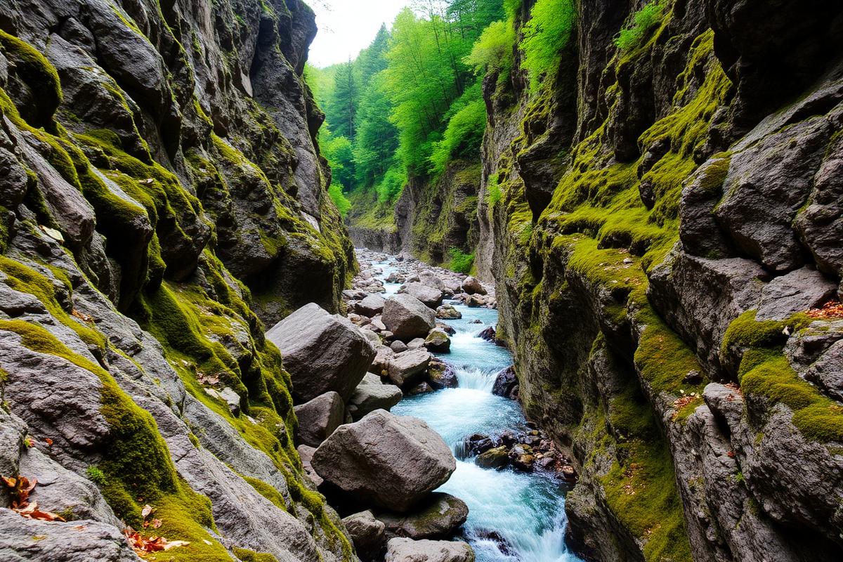 Felsschlucht mit Bachlauf im Bodetal im Harz