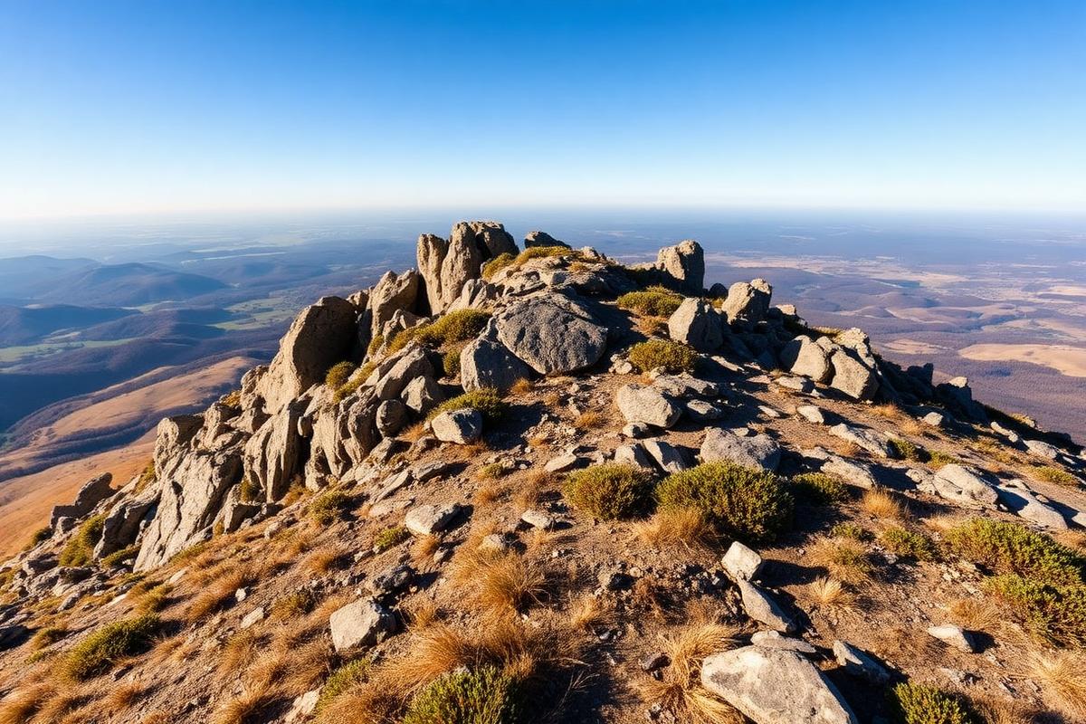 Felsiger Gipfelbereich des Brocken mit weitem Blick über den Harz