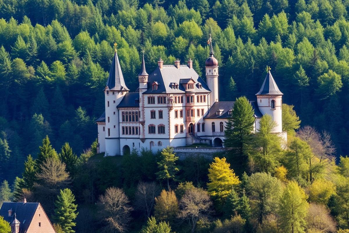 Schloss Wernigerode auf einem bewaldeten Hügel im Harz