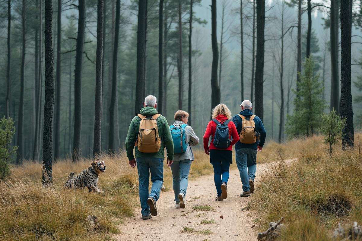 Wandergruppe auf einem Waldweg im Harz